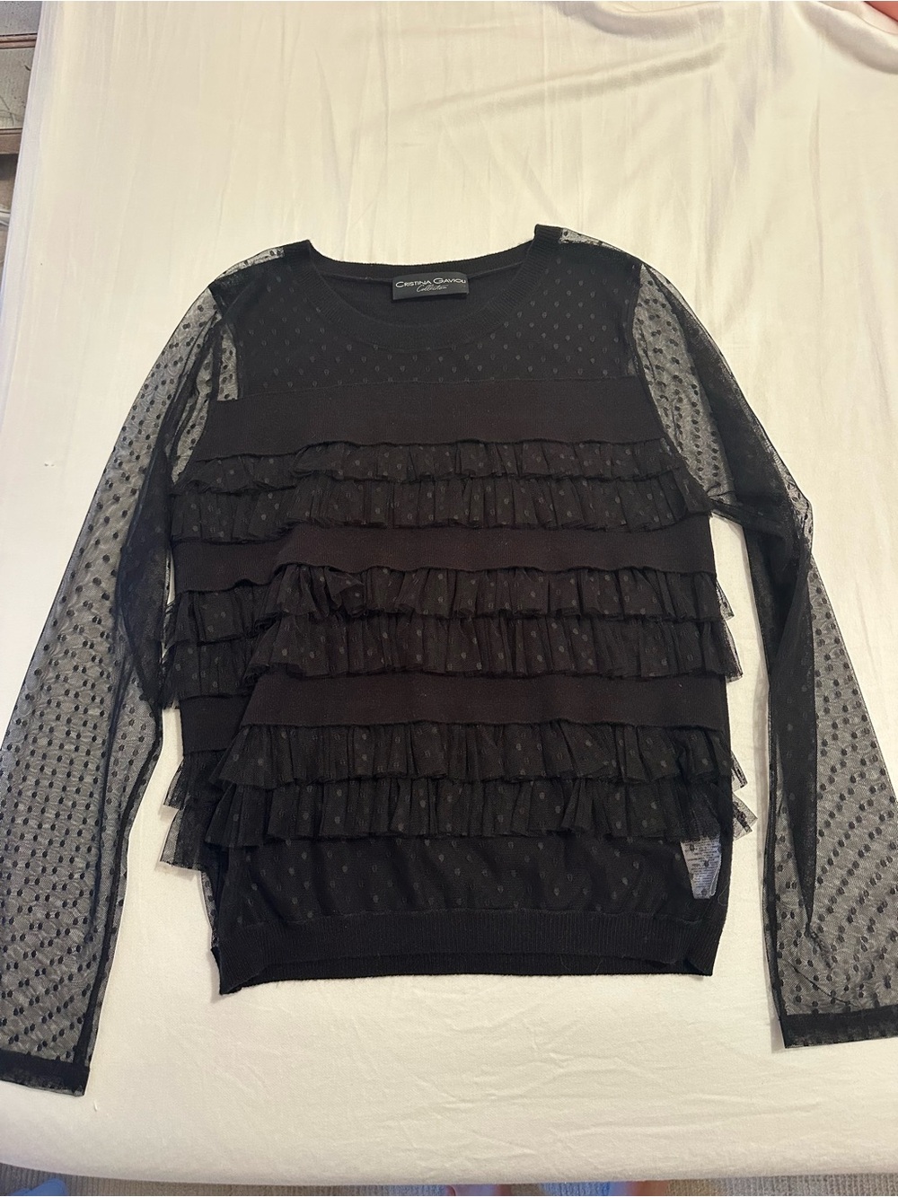 Black Ruffle & Dotted Mesh Crew Neck Sweater